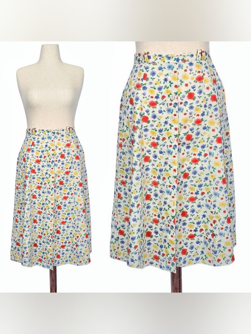 1980s Vintage Skirt 80s Floral Midi Cream Colorful Flowers Pockets Large A Line